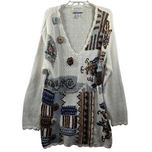 Diana Knitted By Hand Sweater Embroidered Grannycore Floral White Women's 14/16